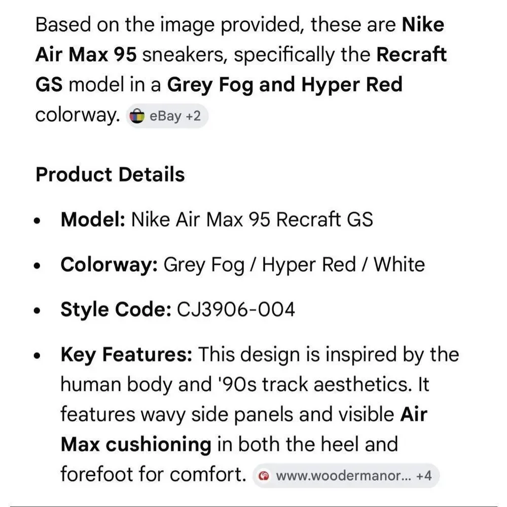 NIKE | air max 95 recraft (gs) grey fog/hyper red-white size 5 youth $140